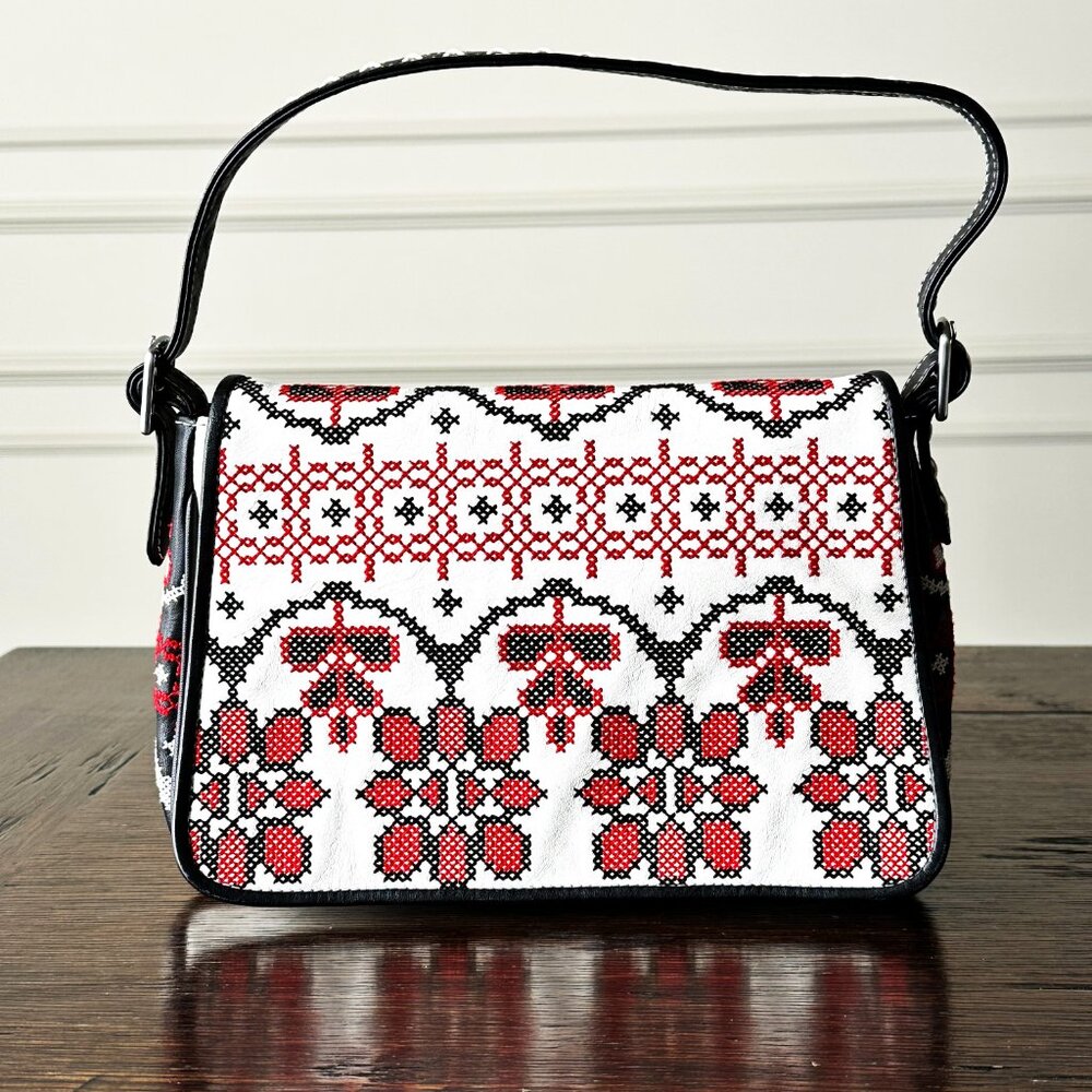 Isabella Fiore Boho Cross-Stitch Bag - VTG Y2K Folk Art Style Red & Black Retro